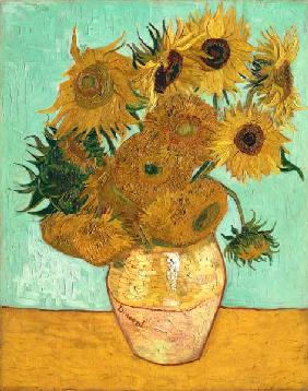 Zwölf Sonnenblumen in einer Vase mit grünem Hintergrund - Vincent van Gogh