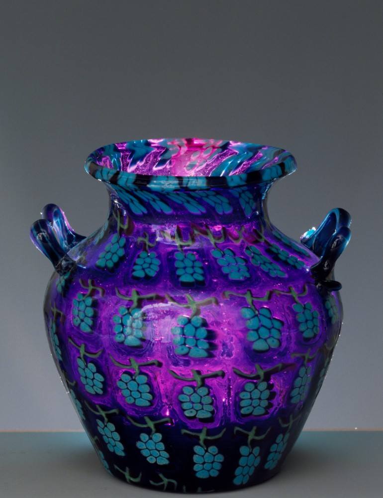Blown glass vase decorated with clustered turquoise murrine from Vittorio Zecchin