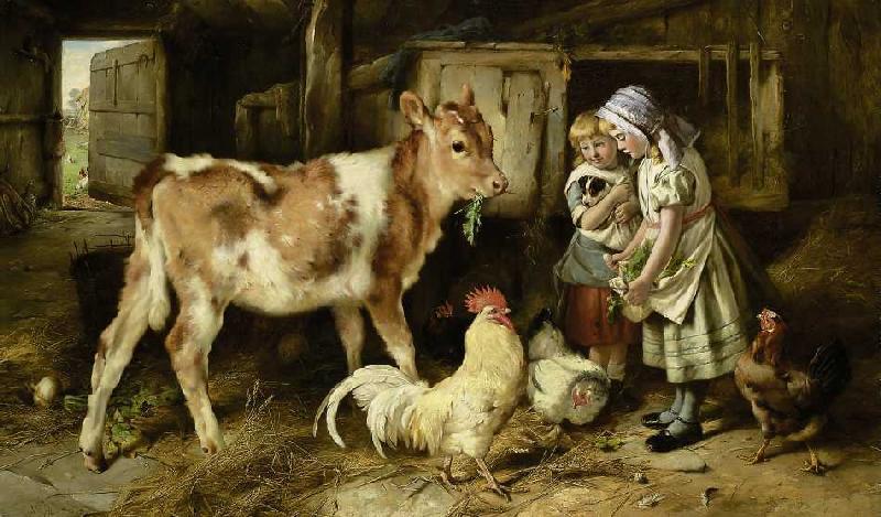 Kinder füttern ein Kalb und Hühner from Walter Hunt