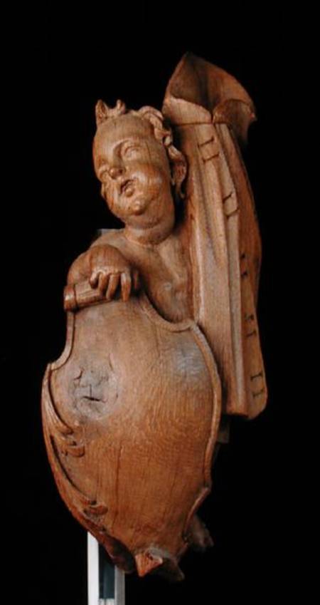 Carved putto with shield and cape from Walter Pompe