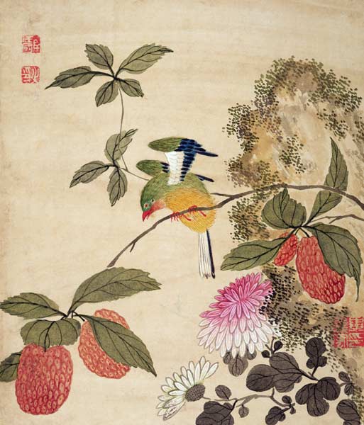 One of a series of paintings of birds and fruit from Wang  Guochen