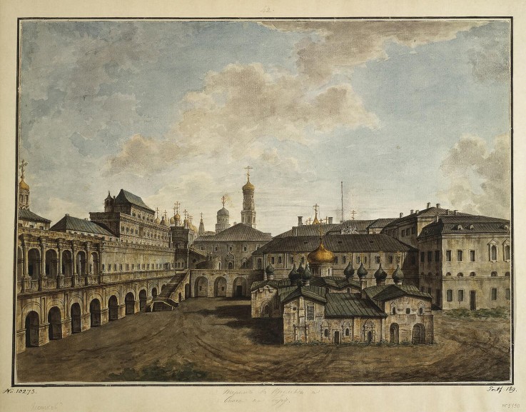 View of the Terem Palace and Church of Our Saviour in the Woods (Spas na Boru) in the Kremlin from Werkst. Alexejew