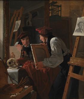 A Young Artist Examining a Sketch in a Mirror