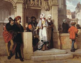 Faust und Mephistopheles warten an der Kirchentür auf Gretchen