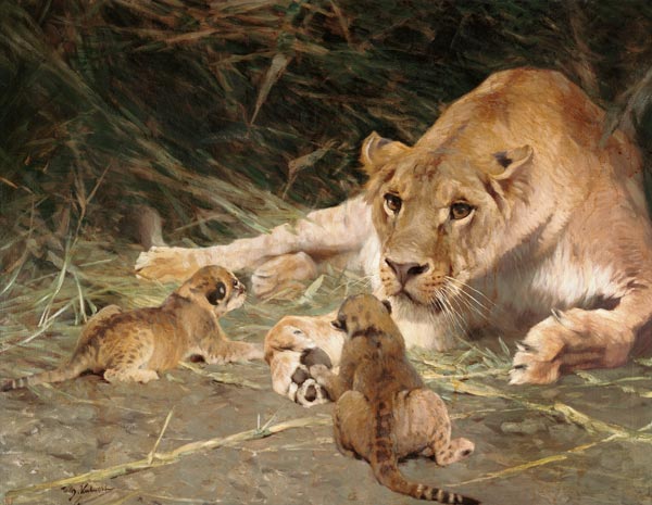 A Lioness and Her Cubs from Wilhelm Kuhnert