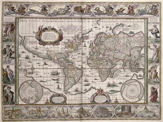 World Map, from 'Le Theatre du Monde' or 'Nouvel Atlas', 1645 (coloured engraving) from Willem Blaeu
