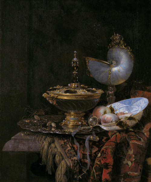 Pronk Still Life with Holbein Bowl, Nautilus Cup, Glass Goblet and Fruit Dish from Willem Kalf