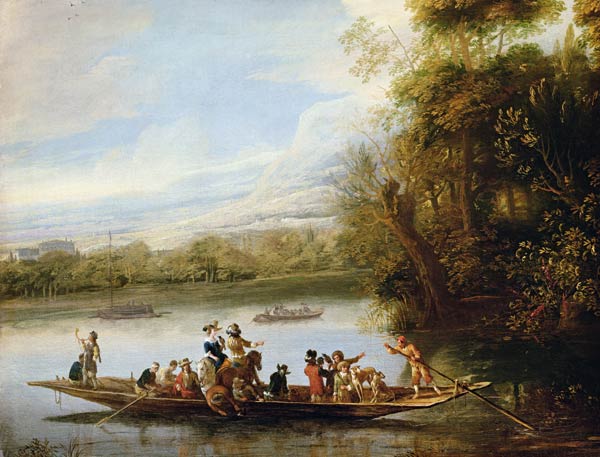 A landscape with a crowded ferry crossing the water in the foreground from Willem Schellinks