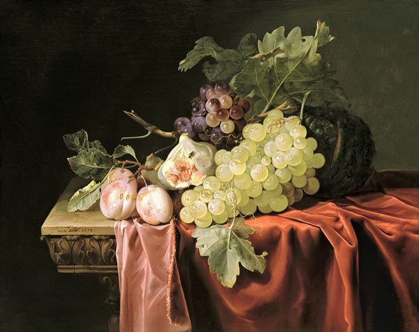 A still life with grapes, plums, figs and a melon on a partly draped stone ledge from Willem van Aelst