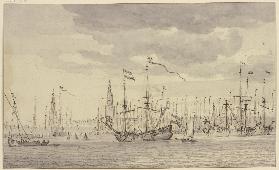 Ansicht eines Hafens mit vielen Schiffen und einer Stadt mit zwei Kirchtürmen (Amsterdam)