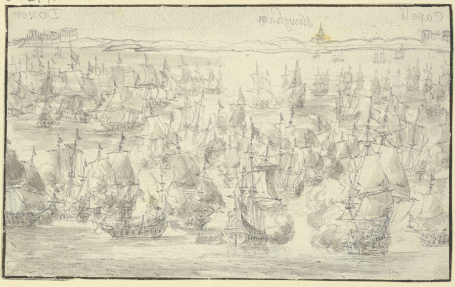Seeschlacht, in der Ferne die englische Küste bei Dover, rechts zwei weitere Städte from Willem van de Velde d. J.