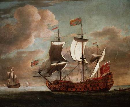The British man-o'-war `The Royal James' flying the royal ensign off a coast from Willem van de Velde d.J.