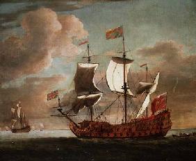 The British man-o'-war `The Royal James' flying the royal ensign off a coast