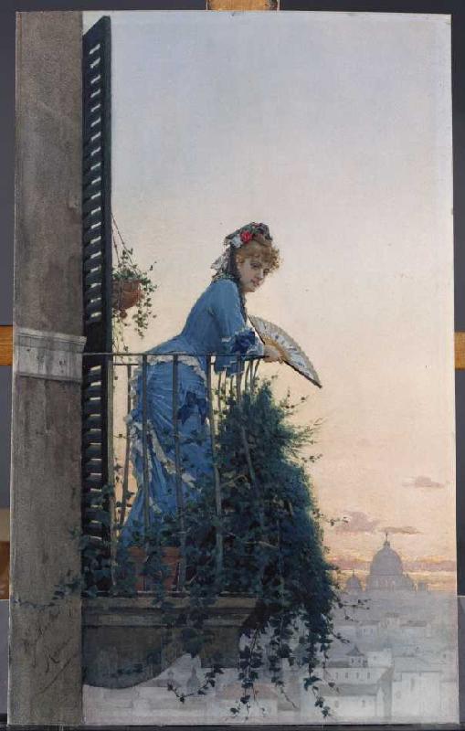Eine Dame auf einem Balkon, im Hintergrund die Kuppel von St. Peter. from Willem Johann Martens