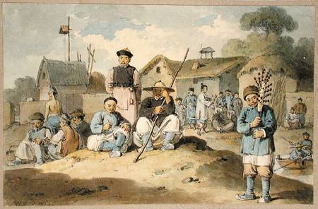 A group of Chinese on the bank of a river, watching the Earl Macartney's Embassy pass from William Alexander