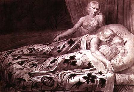 Har and Heva sleeping, with Mnetha looking on, one of twelve illustrations from 'Tiriel' from William Blake