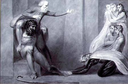Tiriel, borne back to the Palace on the Shoulders of his Brother Ijim, addressing his five Daughters from William Blake