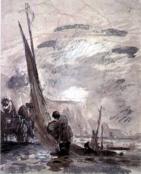Figures with Cart and Boats on the shore, near cliffs from William Collins