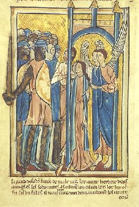 Lot offering his daughters to the inhabitants of Sodom, from a book of Bible Pictures, c.1250