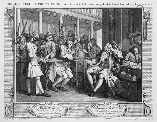 The Industrious ''Prentice Alderman of London, the Idle one Impeach''d Before Him his Accomplice, pl from William Hogarth