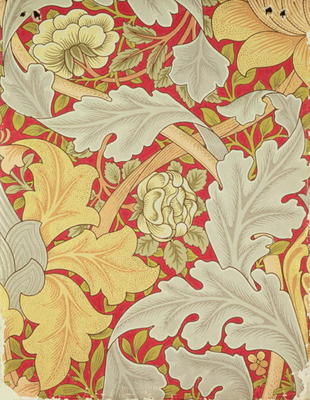 Acanthus leaves and wild rose on a crimson background, wallpaper design from William  Morris