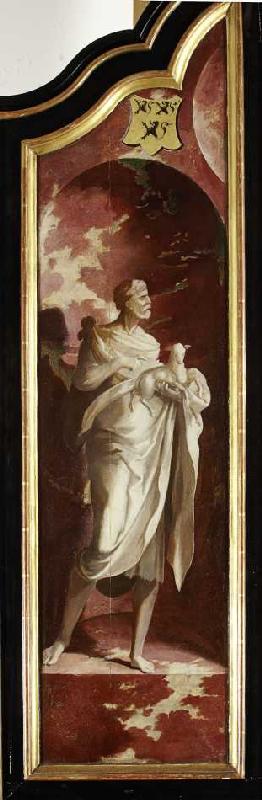 Triptychon mit der Kreuzigung Christi, Heiligen und Stifterfamilie. Linker Außenflügel: Johannes der from Wojciech Styka